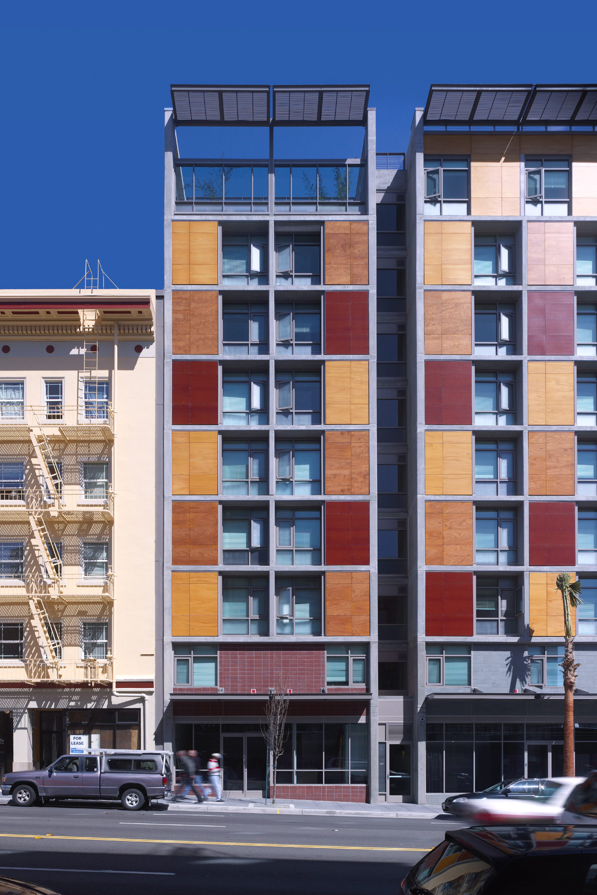 The Plaza Apartments in San Francisco was the first new permanent housing for formerly homeless residents; located in the South of Market neighborhood, the affordable housing complex achieves a sustainable goal of being certified LEED Silver and includes supportive services for residents.