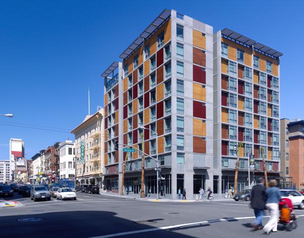 The Plaza Apartments in San Francisco was the first new permanent housing for formerly homeless residents; located in the South of Market neighborhood, the affordable housing complex achieves a sustainable goal of being certified LEED Silver and includes supportive services for residents.